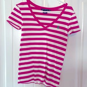 Ralph Lauren medium pink and white striped v neck tee shirt